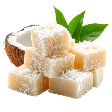Brazilian coconut cocada sweet cubes isolated on transparent background