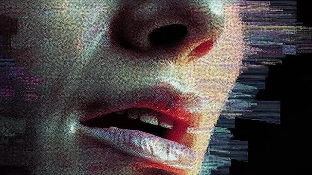 Close-up of a distorted human face with glitch effects.