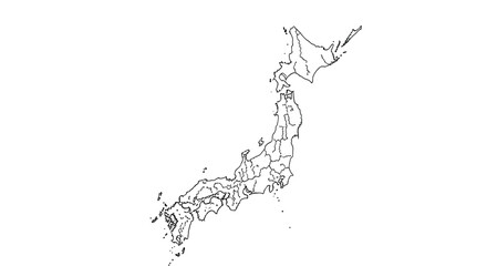 Fototapeta premium Detailed black outline map of the japanese archipelago showing the borders of various prefectures and the main islands.