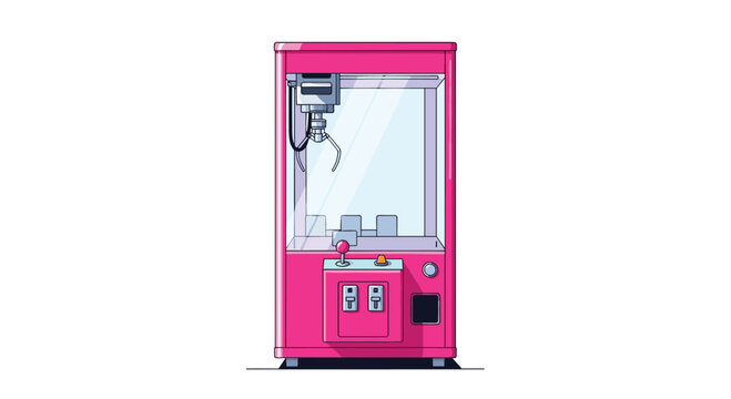 Bright pink arcade claw machine with a metal gripper inside, waiting for players to try their luck at winning a prize or toy.