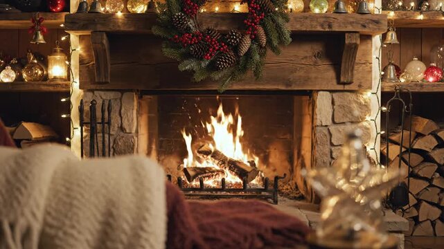 Cozy living room with warm fireplace framed by rustic mantel and festive holiday decor