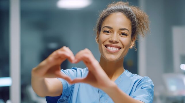 A smiling healthcare professional makes a heart shape with her hands. She represents care and compassion. This image shows the dedication of healthcare staff.