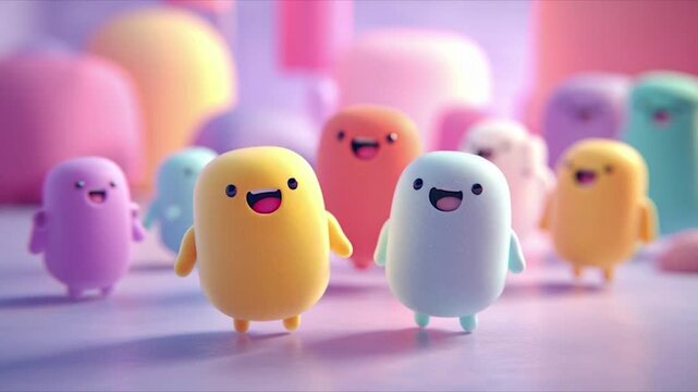 Cute Cartoon Characters Dancing Joyfully in a Whimsical World.
