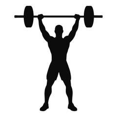 Illustration of a silhouette of a man lifting a barbell over his head in a gym
