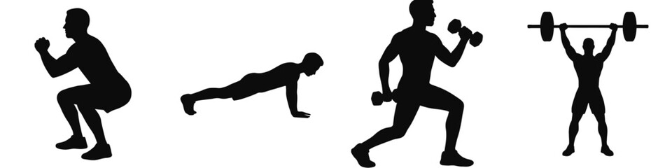 Illustration of silhouette of people exercising with dumbbells and bodyweight