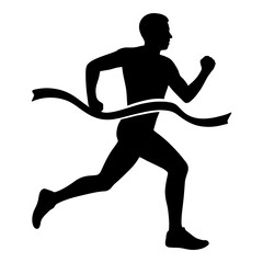 Illustration of black silhouette of a man running and crossing the finish line ribbon