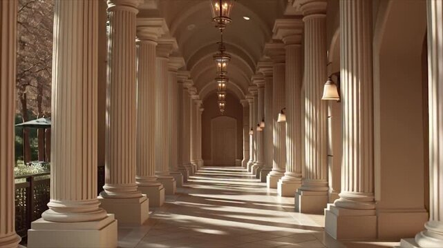 Elegant Hallway with Pillars and Arches in a Classical Architectural Style.