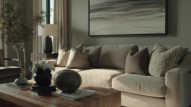 Elegant Living Room with Modern Furniture and Large Windows.