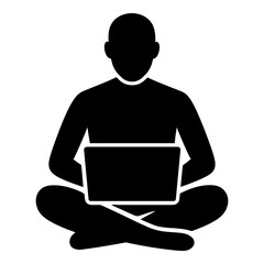 Illustration of man sitting crosslegged with laptop on lap in black silhouette