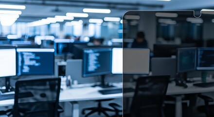 Obraz premium Modern office interior with rows of computer monitors displaying code