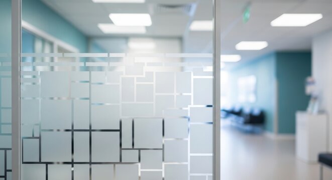 Modern frosted glass partition in a bright, clean office or clinic hallway interior