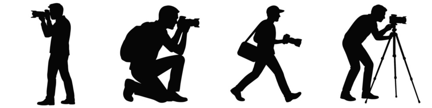Illustration of silhouettes of photographers in various poses on taking pictures