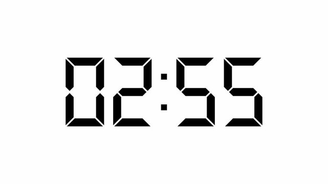 Digital timer animation 1-minute countdown from 3 to 2 minutes. 4K video on a white background