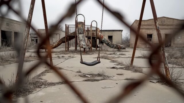 Abandoned playground behind a rusty chain link fence, desolate and forgotten.