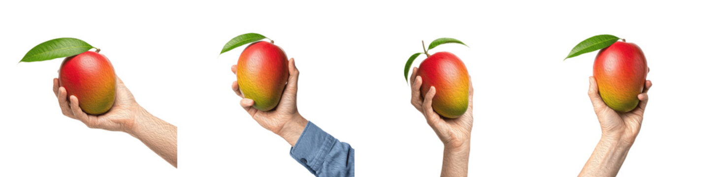 Set and collection of hands holding fresh ripe mango fruits with green leaves in different positions isolated on white transparent PNG background