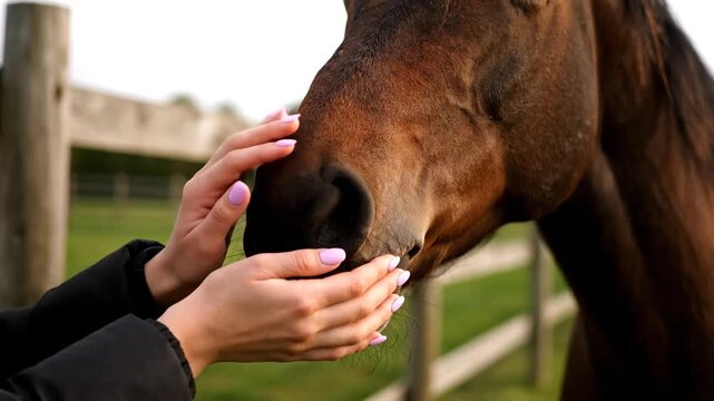 Person's hands gently pet brown horse's nose near wooden fence.