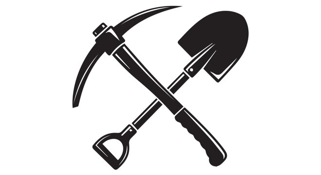 Black silhouette of a pickaxe and shovel crossed over each other on Transparent Background, mining and digging tools.