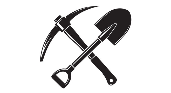 Black silhouette illustration of a pickaxe and shovel crossed over each other on a Transparent Background.