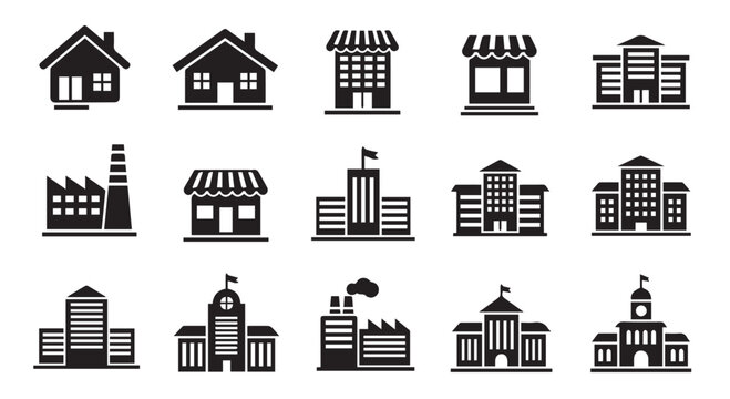 Collection of various building and architecture icons including houses, shops, factories, and office buildings in black silhouette.