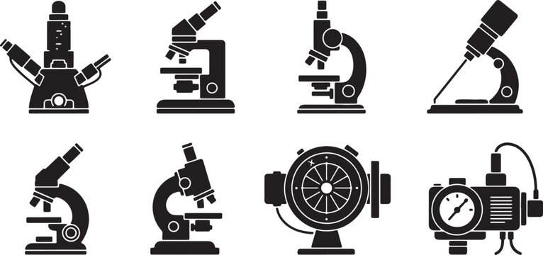 Black Solid Scientific Imaging Camera Silhouettes Set of Six on White Background