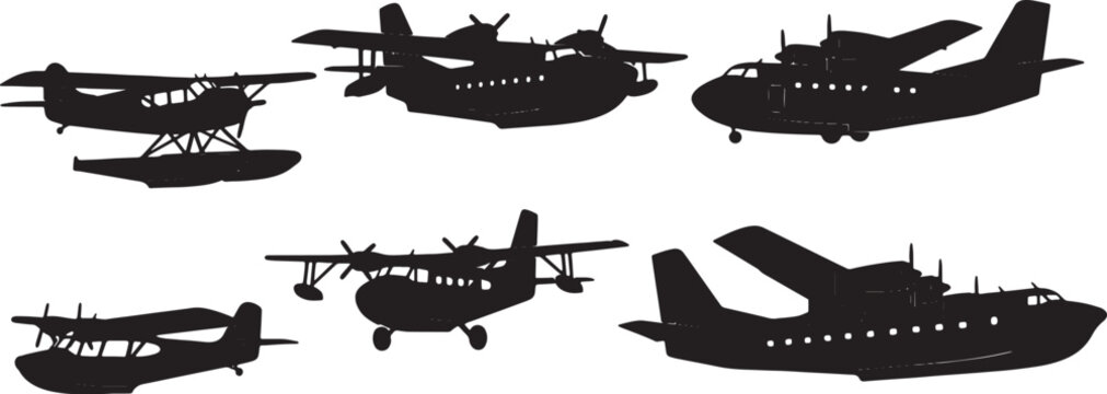 Black Solid Seaplane and Amphibious Aircraft Silhouettes Set of Six on White Background