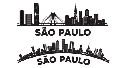 Black and white graphic illustration of S&atilde;o Paulo city skyline with iconic landmarks and buildings, Brazil, South America, urban landscape.