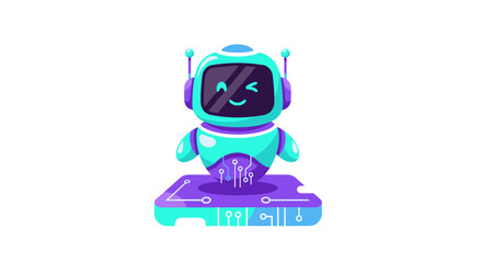 Fototapeta premium Cute robot character with headphones on a futuristic digital interface vector illustration.