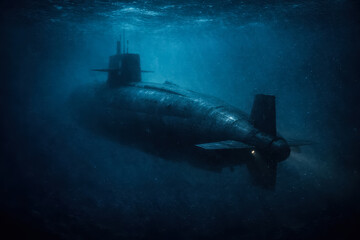 Submarine underwater in dark ocean, military technology and maritime transport.generative AI