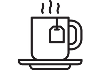 Naklejka premium Tea cup icon with teabag and steam on saucer, minimalist black outline vector illustration isolated on white background for cafe menu, app UI and labels