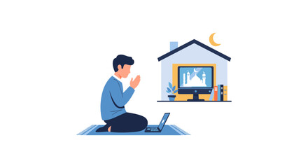 Man Praying at Home with Laptop and TV under Moonlight, Serene Night Scene
