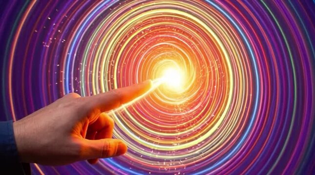 Finger Touches Glowing Swirling Energy Vortex