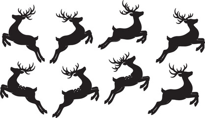 Black Solid Reindeer Playful Vertical Jump Silhouettes Set of Six on White Background © Shakeel