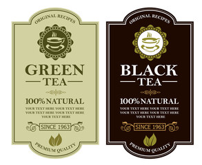 collection of green and black tea labels with leaves and cup