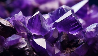 Close Up Photograph Highlights Faceted Surfaces Of Deep Purple Mineral Formation Against A Soft Background