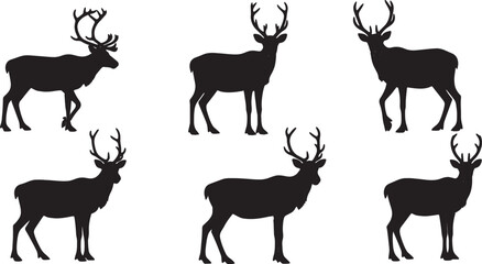 Black Solid Reindeer Standing Alert Silhouettes Set of Six on White Background © Shakeel
