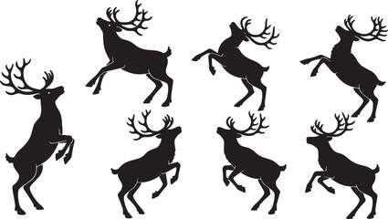 Black Solid Reindeer Standing on Two Legs Silhouettes Set of Six on White Background © Shakeel