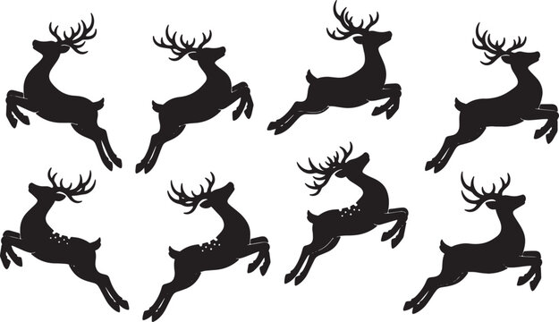 Black Solid Reindeer Playful Vertical Jump Silhouettes Set of Six on White Background