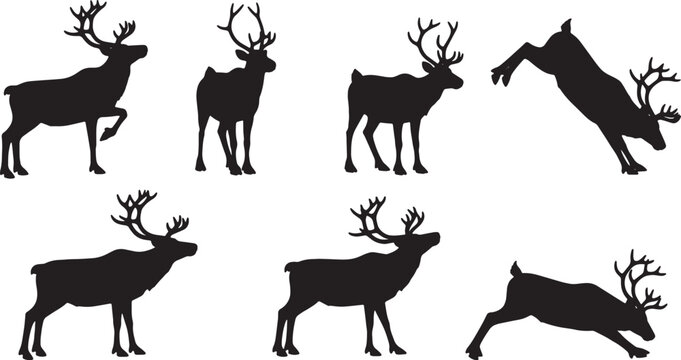 Black Solid Reindeer Stretching and Limbering Silhouettes Set of Six on White Background