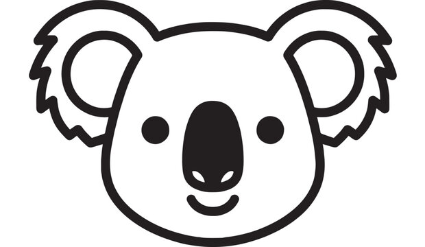 Koala face icon in black and white outline, cute animal head logo illustration isolated on white background, simple minimal vector style for app UI and stickers