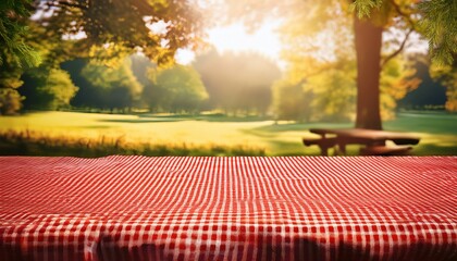 Fototapeta premium Red Checkered Tablecloth On Sunny Picnic Background