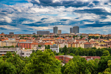 Fototapeta premium Prague, Czech republic - June 6, 2025. Aerial view of Grebovka viewpoint above wine yard
