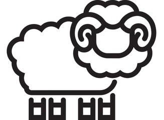 Sheep icon in bold black outline with fluffy wool and curled horns, minimalist farm animal pictogram isolated on white background for logo, app and signage use © Moinul
