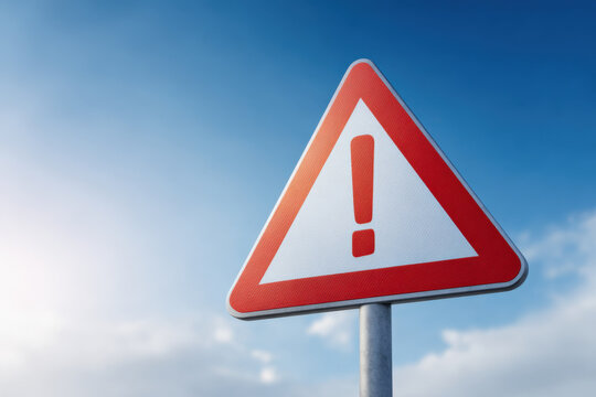 Red warning sign with exclamation mark against blue sky background