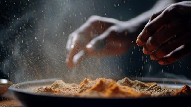 Chefs Hands Sprinkle Spices Over a Dish in a Culinary Artistry Display.