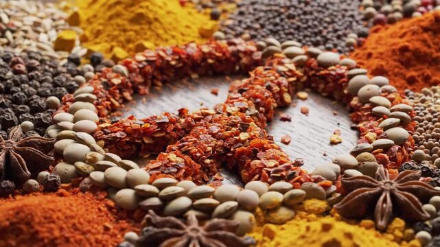 Assorted spices forming a peace sign symbol on a wooden surface