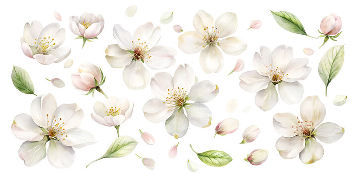 set of watercolor petals isolated on the white background falling gracefully create a spring blossom template with delicate white flowers and soft romantic floral patterns