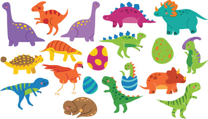 Vibrant dinosaurs illustration collection featuring various prehistoric creatures and eggs in a playful arrangement © NeoVector