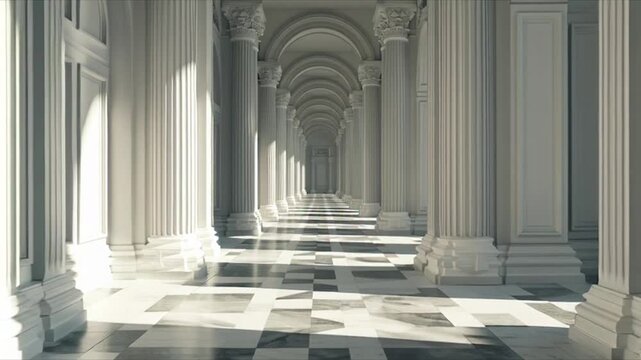 Grand Hallway with Columns and Sunlight, Architectural Interior.