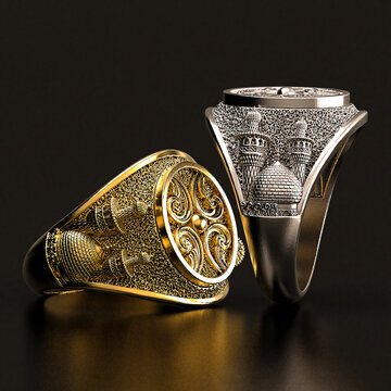 Luxury Gold Signet Ring with Ornate Engravings - 3D Rendered Yellow Gold and Silver Two-Tone Ring with Detailed Pattern for Jewelry Design, Men's Accessories and Product Visualization
