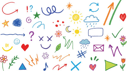 Colorful doodles of symbols and icons representing creativity and expression in a playful mixed media artwork viewed from directly above © NeoVector